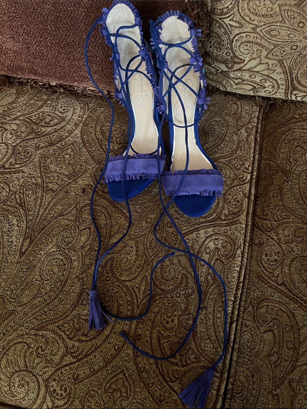 Jessica Simpson Royal Blue Suede Lace-Up Fringe Heels
